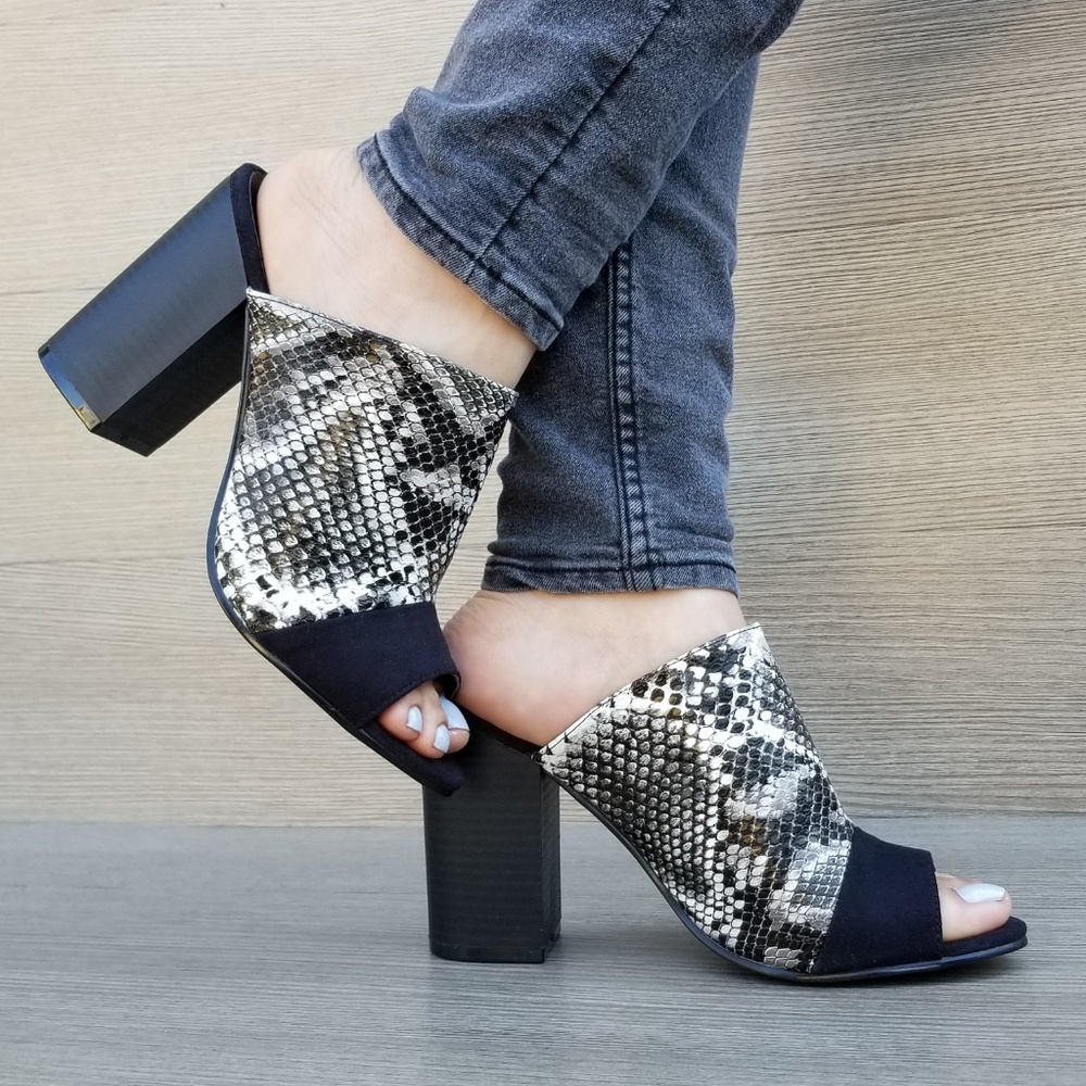 Snake Print Open Toe Slip on Chunky High Heel-P - Picture 8 of 8